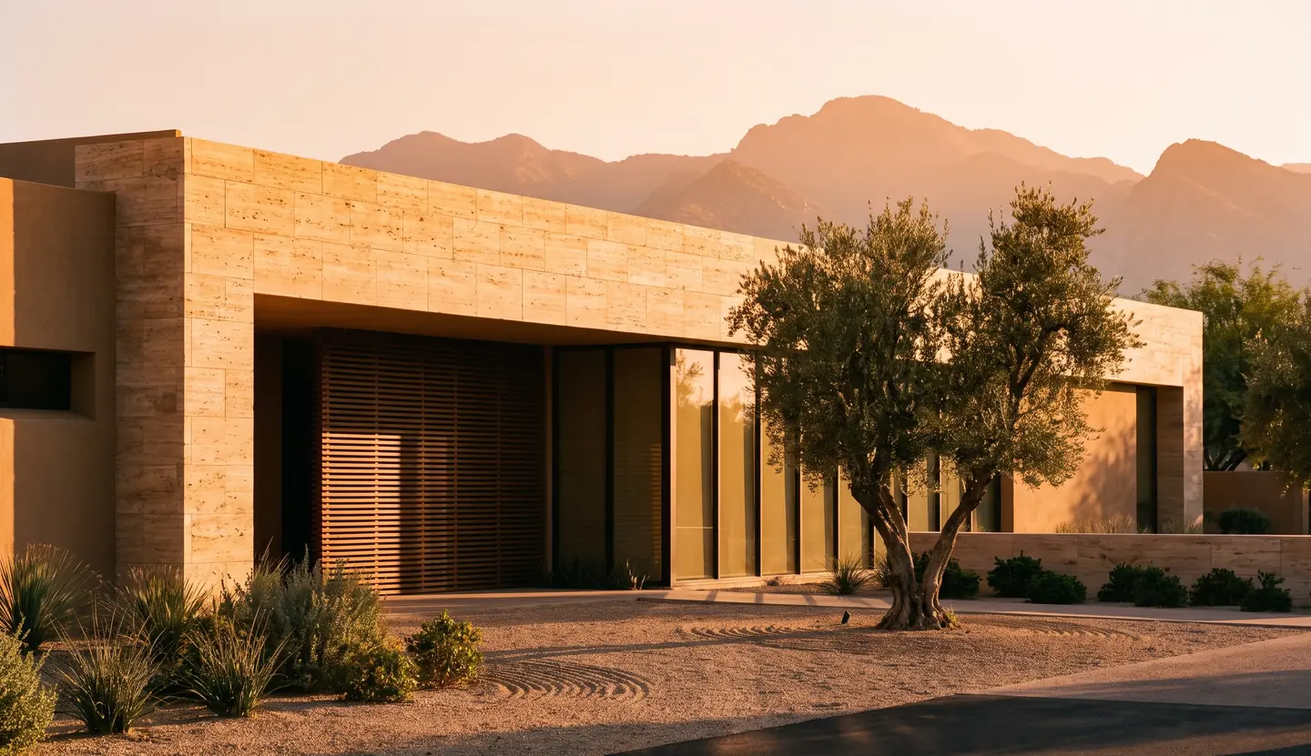 The practice exterior at golden hour, a low travertine building with an olive tree