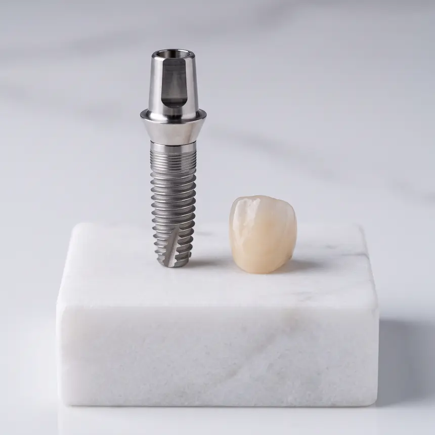 A titanium implant fixture and abutment beside a ceramic crown on white marble
