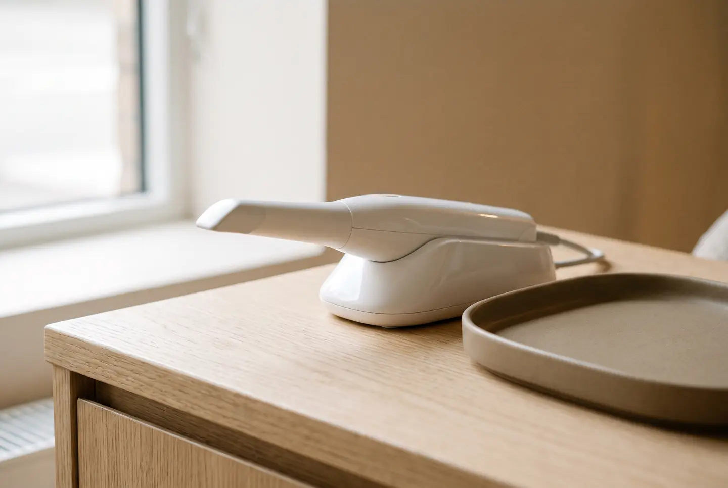 A digital scanning wand resting in its cradle on a pale oak counter